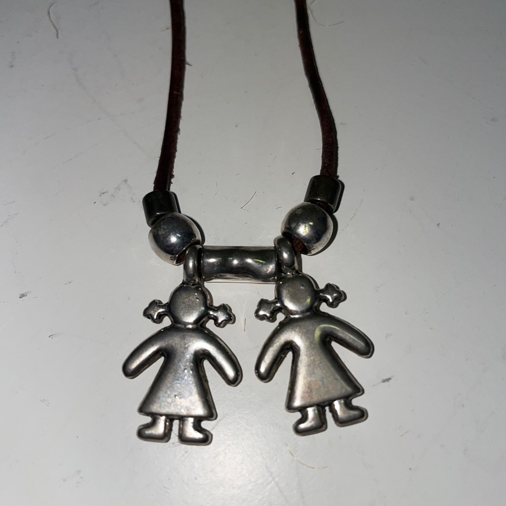 Vintage Two Daughters Pendant Necklace Mothers Fathers Gift Leather Chain